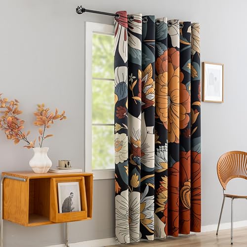 Image of Tyrot Black Boho Floral Blackout Curtains for Sliding Glass Doors 84 inch Length Extra Wide Curtains for Patio Sliding Door Living Room, Grommet Room Divider Thermal Insulated Curtains, W100 x L84