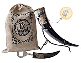 Genuine Handcrafted 100% Ale Horn with Stand - Thrones House Stark Inspired Engraving with Brass Rim - Wolf Bottle Opener Included - Perfect Game Ale/Beer Mug of Viking Style Horn Gift