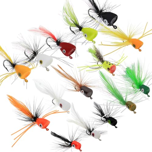 Ghanneey 15pcs Fly Fishing Poppers Fly Fishing Dry Flies Topwater Fishing Lures Bass Popper Flies...