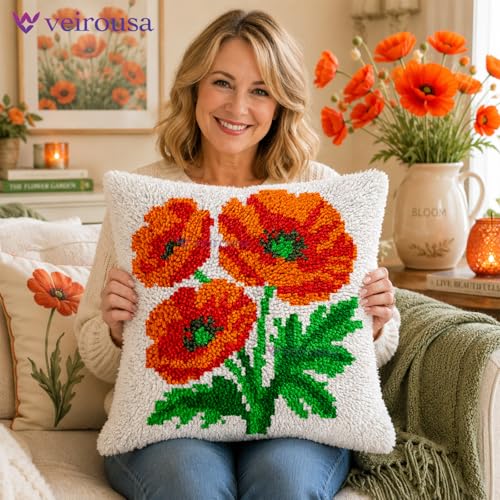 Image of veirousa Poppy Flower Latch Hook Kits for Adults Beginners - Latch Hook Pillow Kit Pre-Printed Mesh Latch Hook Rug Kits Craft Cushion Set for Home Sofa Decoration 17x17 in. DIY Gift