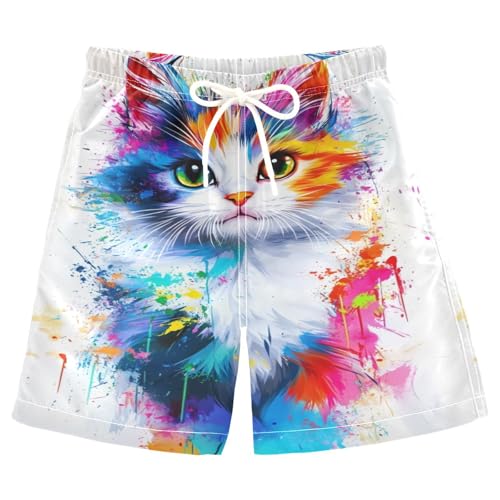 DOMIKING Cat Splatter White Boys' Pull On Swim Trunks Quick Dry Boardshorts with Mesh Lining for Pool Gym Beach M