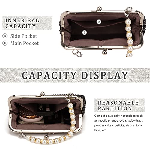 SUKUTU Women Luxury Full Rhinestone Shoulder Bag Noble Kiss Lock Crystal Messenger Bag Clutch Handbag with Pearl Beaded Chain4