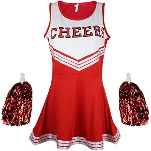 Cheerleader Fancy Dress Outfit Uniform High School Musical Costume with Pom Poms Red Cheerleader, Medium Cover