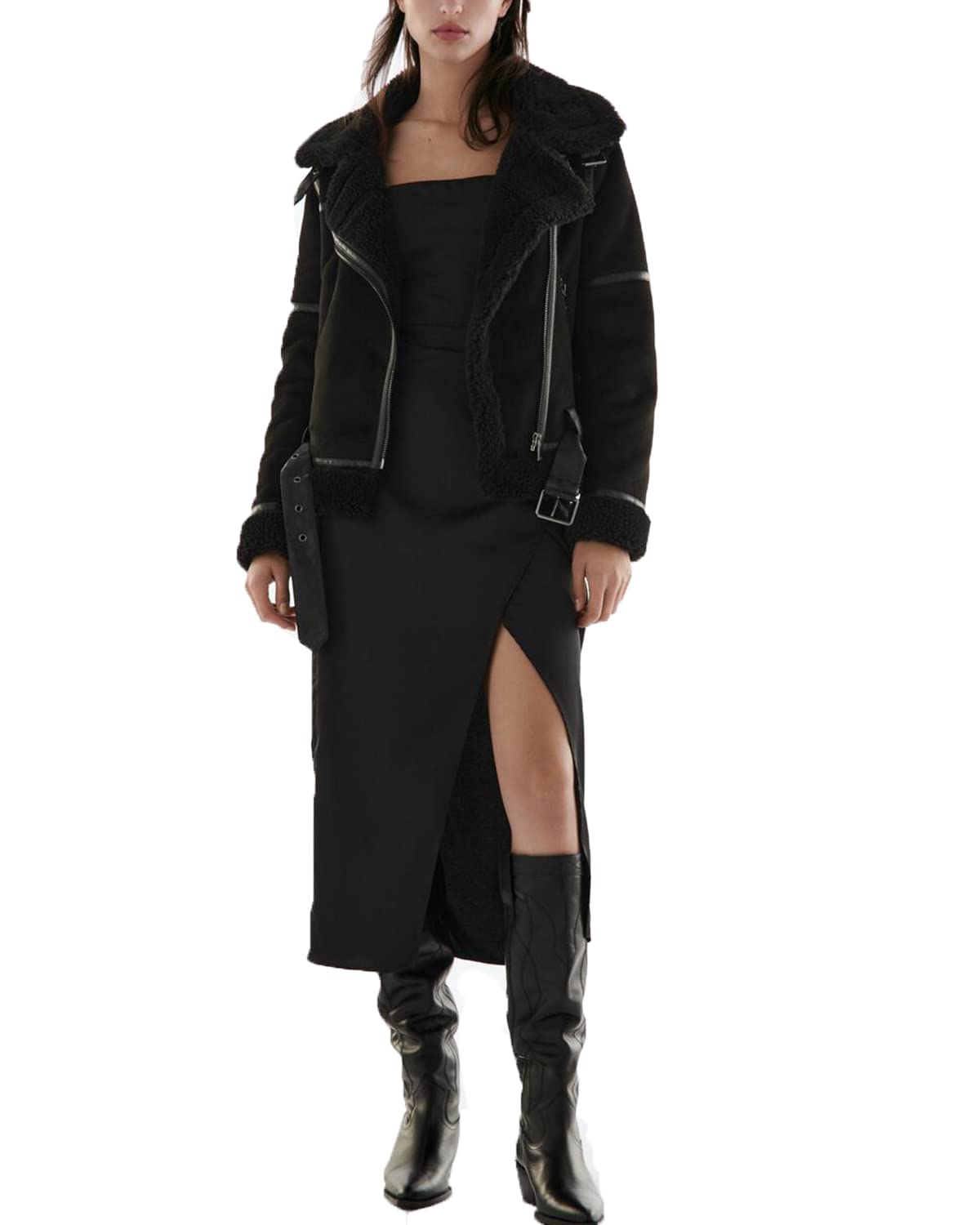 LY VAREY LIN Women's Faux Shearing Moto Jacket Thick Lined Parka Winter Shearling Coat Leather Jacket