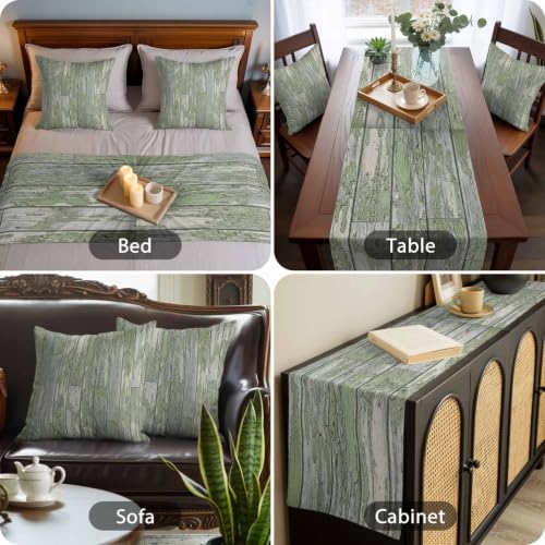 Vintage Wood Grain Beds Runner and 2 Matching Pillow Covers Green and Gray Distressed Board Texture Bed Runner Set, Throw Cushion Cover Bedding Scarves for Guesthouse, Hotel, Home Decor 102 x 20 inch - Image 6