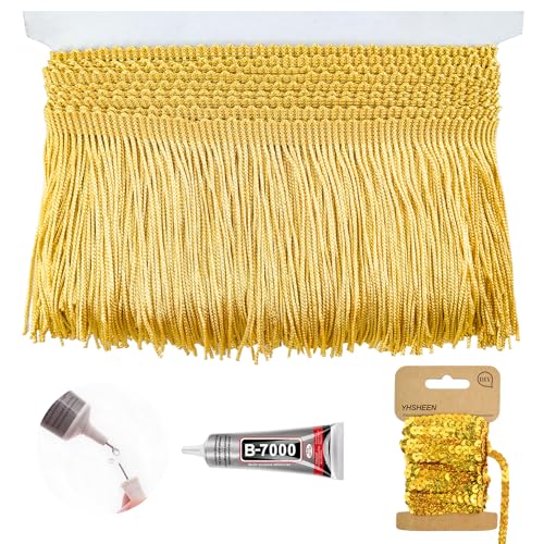 Yhsheen Gold Fringe Trim 3Yards X 4Inch Fringe Trim with B7000 Glue for Crafts Wedding Birthday Party Decoration Sewing Polyester Tassels Trim