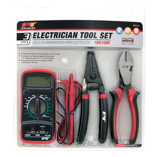 Image of Performance Tool W1714 3 Piece Electrician Tool Set (Diagonal Wire Cutters, Wire Strippers /Cutters & Digital Multi-meter)