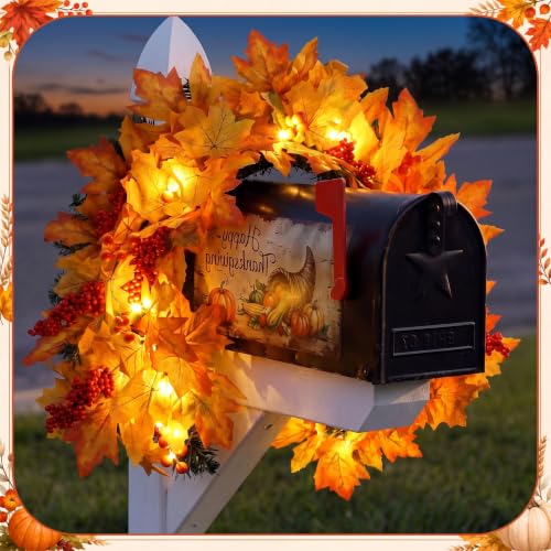 Image of Yinder Fall Mailbox Swag Decor for Outdoor Maple Leaf Wreath with Lights