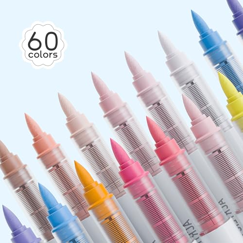 Image of languo 60 Colors Acrylic Paint Markers Pens Set, Soft Brush Tip Markers with Fast Drying & No-Bleed Ink, Acrylic Paint Pens for Rock, Wood, Egg, Ceramic, Fabric Painting, Art Supplies and DIY Crafts