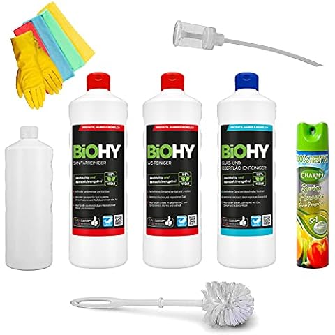 BIOHY WC-, Sanitär- & Glas- und Oberflächenreiniger Komplett Reinigungset Öko Urinsteinentferner | Extra stark | Toilettenreiniger Konzentrat | dickflüssiges Gel | Profi Bio-Reiniger Cover