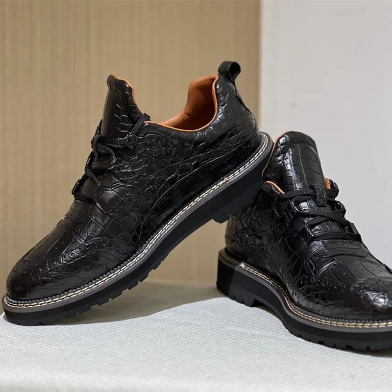 Autentyczna skóra krokodyla męskie na co dzień czarne brogsy oksfordy Mid Top buty do kostki prawdziwa skóra aligatora męskie sznurowane buty derby, Czarny, 39.5 EU