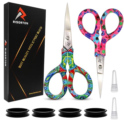 Risorton - 2 Pieces Set of Stork Embroidery Scissors with thumb-grip rings | Sharp High-Carbon Stainless Steel Mini Sewing Scissors for Thread, Yarn, Needlework, Papers Craft