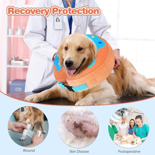 Image of JUANWAN Inflatable Dog Collar Dog Donut Cone Collar Soft Recovery Pet Cone for Small Medium Large Dogs Cats Adjustable Donut Cone for Post Surgery Recovery-L, blue
