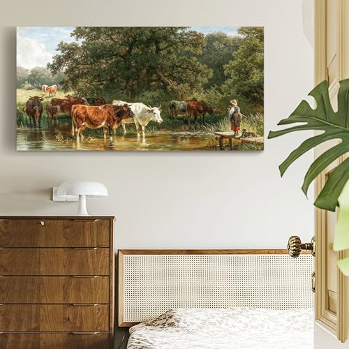 SERIMINO Large Wall Art for Living Room, Animal Cow Vintage Wall Decor, Forest Pastoral Landscape Canvas Painting, Retro Herding Cattle Pictures Home Decor for Bedroom Bathroom Kitchen 30x60 Inch