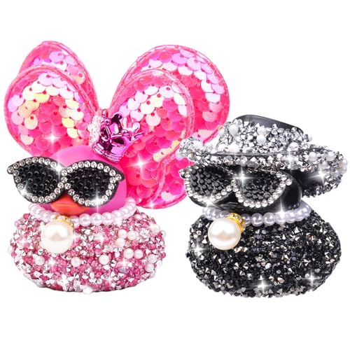 MuMyer Diamond Rubber Duck Car Ornaments, 2Pcs Shiny Rhinestones Ducks Car Dashboard Decorations with Mini Wings Cowboy Hat Necklaces Sunglasses
