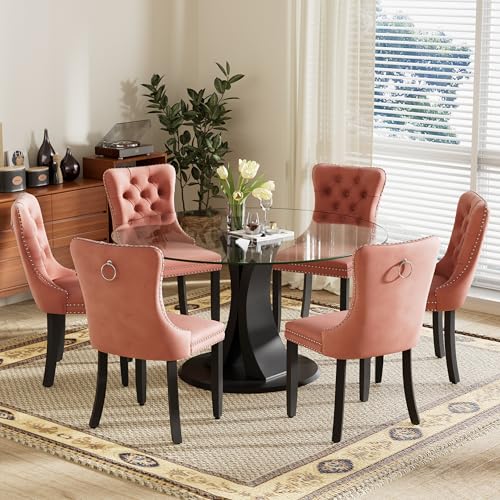 Image of 7-Piece Dining Table Set with 47In Tempered Glass Table and 6 Velvet Upholstered Chairs, Modern Scandinavian Furniture for Dining Room Kitchen(Pink)