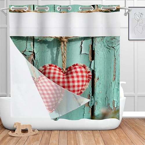 Shrahala Wooden Hearts Love Shower Curtain with Snap in Liner Set, Rustic Red Checkered Rope Antique Wood No Hooks Stall Curtain Waterproof for Bathtubs Magnetic Hem 71 X 74 in