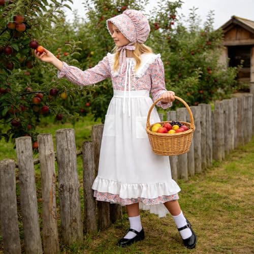 Disfraz colonial floral para niña con delantal y cofia miniatura 3