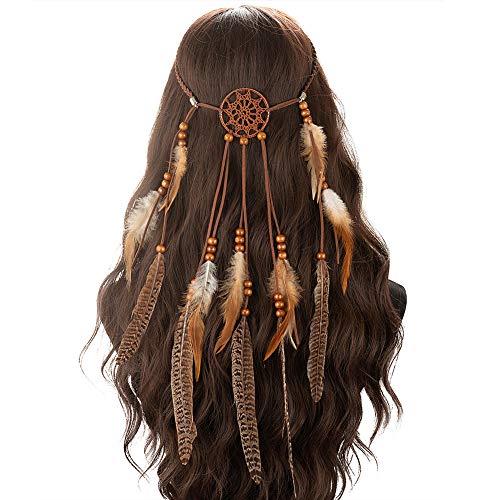 Hippie Indian Headband Feather Dreamcatcher Headdress, Tassel Festivals Peacock Feather Bridal Weddings Headwear Princess Bohomia Crown Fancy Headpieces For Women Girls Hair Accessories (Brown 1)