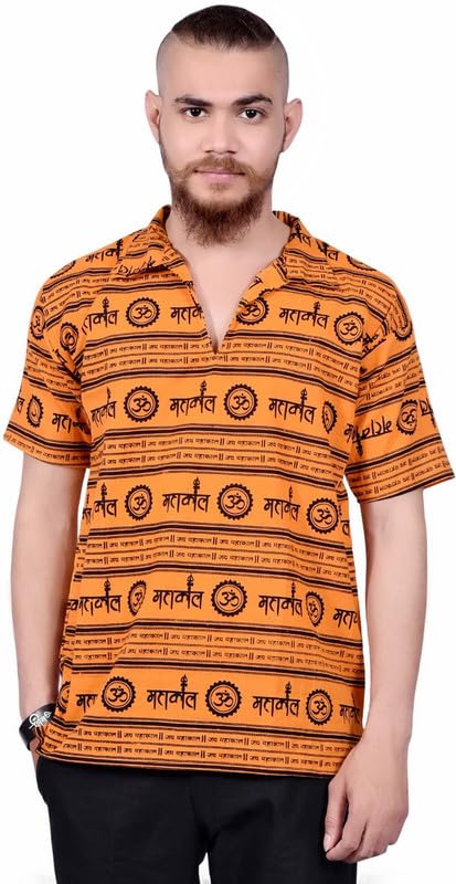 LH - Ladies Haat Cotton Blend Mahakal Printed Kurta for Men | Regular Fit Om Printed Kurta for Boys | Half Sleeve Short Kurta | Spread Collar Devotional Kurta-picture-10