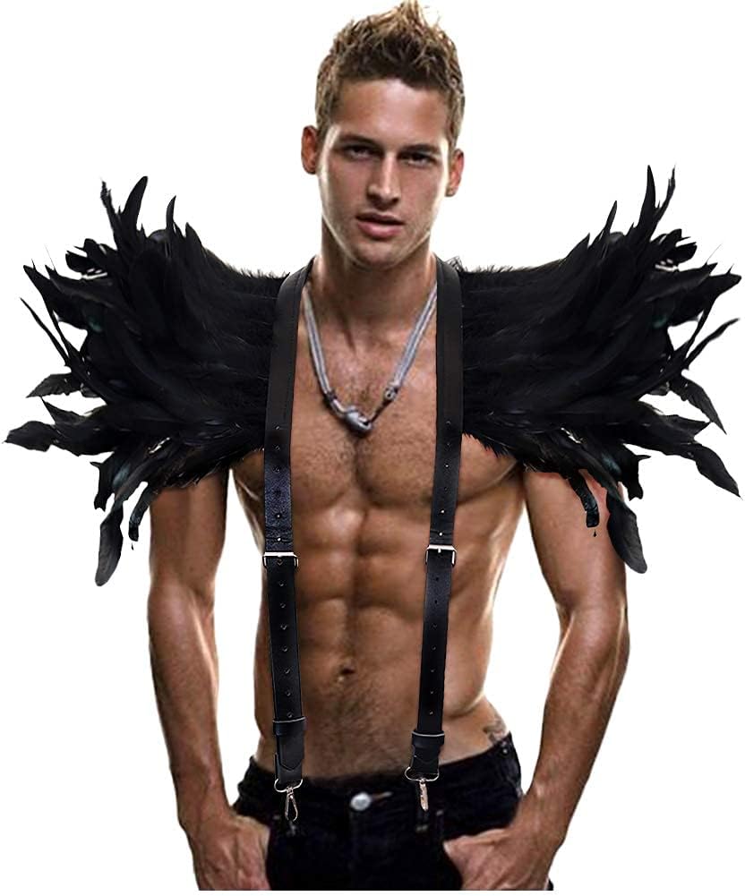 L'VOW Men Gothic Natural Real Feather Epaulet Shrug Shoulder Strap With Belt for Halloween Costume