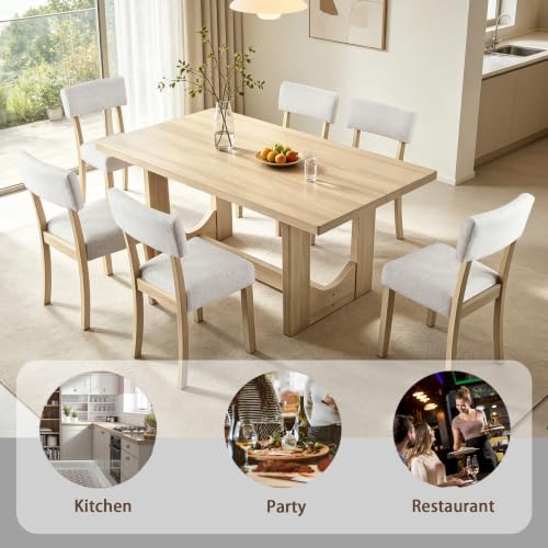 Image of KEIKI 7-Piece Standard Height Dining Table Set with Rectangular Table, 6 Upholstered Curved Backrset Chair, for 6 Person, Modern Style Table Set, Easy Assembly, for Kitchen, Dining Room, Light Oak