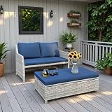 YINRUIN All-Weather Outdoor Loveseat and Patio Sofa Combination: Modular Wicker Couch Set with Coffee Table Ottoman, Built-in Storage Box & Waterproof Design