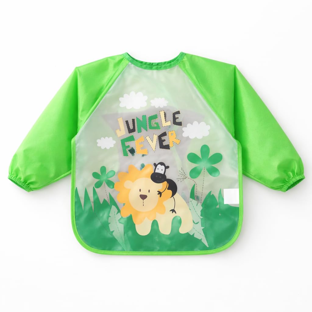 Full Sleeves Baby Bib Waterproof Feeding Apron for Toddlers | Long Sleeve Smock with Food Catcher Pocket | Mess Proof, Lightweight, Reusable & Easy Clean (Green)-image-32