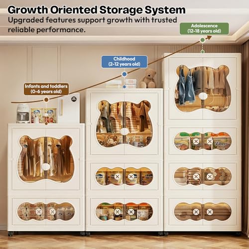 Image of StarAndDaisy Kids Bear Wardrobe /Multifunctional Collapsible Plastic Wardrobe /Almirah for Baby /Kids- Storage Cabinet - Dustproof Organizer for Baby Clothes, Toys & Books with Wheels & Hangers- Beige