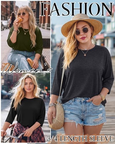 Image of Locoowai 3 Pack Women Plus Size Tops 3 /4 Sleeve Cotton Crew Neck Oversized T Shirts Loose Fit Tee Tunic Casual Blouse