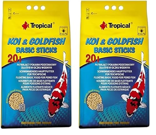 KOI&GOLDFISH BASIC STICKS 20L / 1600g - è un mangime completo e galleggiante per koi, pesci rossi e tutte le altre carpe ornamentali allevate in laghetti da giardino (Confezione da 2)