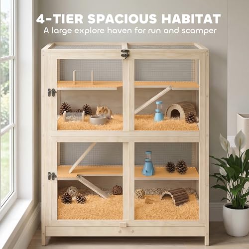 PawHut Wooden Hamster Cage, 4 Tier Small Animal Cage with Mesh Flip Roof, Pull-Out Tray, Huts, Seesaws, Ramps and Water Bottles, Hamster Habitat for Dwarf Syrian Mice Gerbil, 33\" x 21\" x 36\"