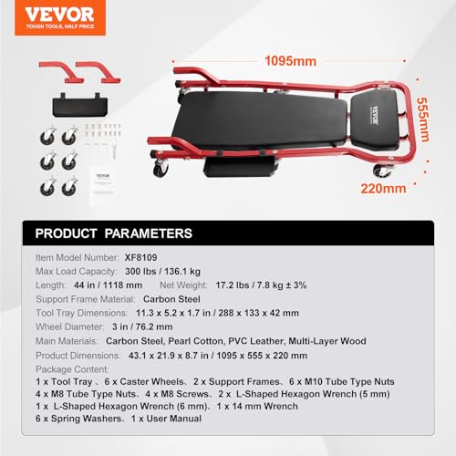 VEVOR Mechanic Garage Creeper, 44-Inch, 300 lbs Capacity Automotive Rolling Creeper with 6 Casters Adjustable Cushioned Headrest Tool Tray, Heavy Duty Steel Frame for Garages, Repair Shops, and DIY - Image 8