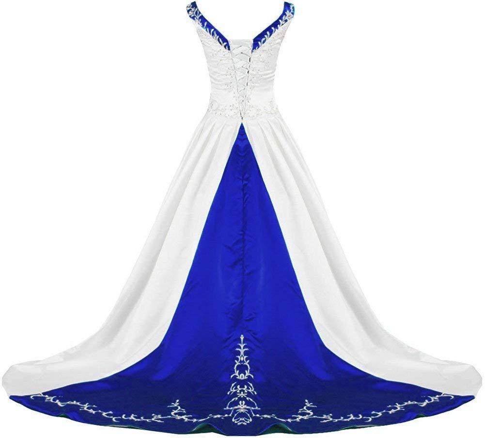 Femme Elégante V-col Robes de Mariée Broderie Satin Robe de Mariage A-Ligne Robes de Nuptiale Chapel Train
