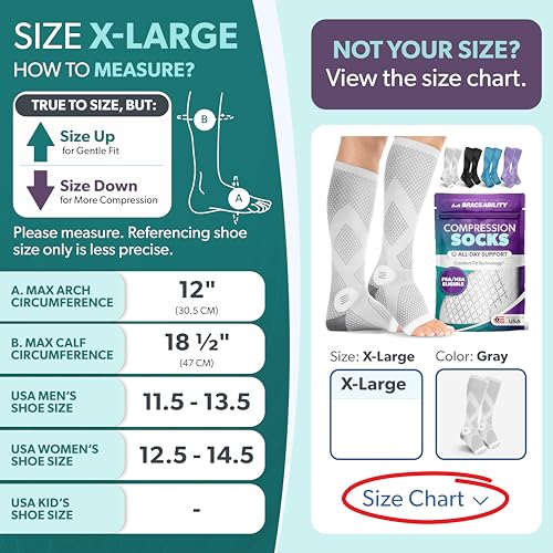 Image of BraceAbility Compression Socks for Circulation - 20-30 mmHg Knee High Neuropathy Open Toe Stockings Best for Varicose Veins, Restless Leg, POTS, Toeless Support for Men or Women - 1 Pair (XL - Gray)