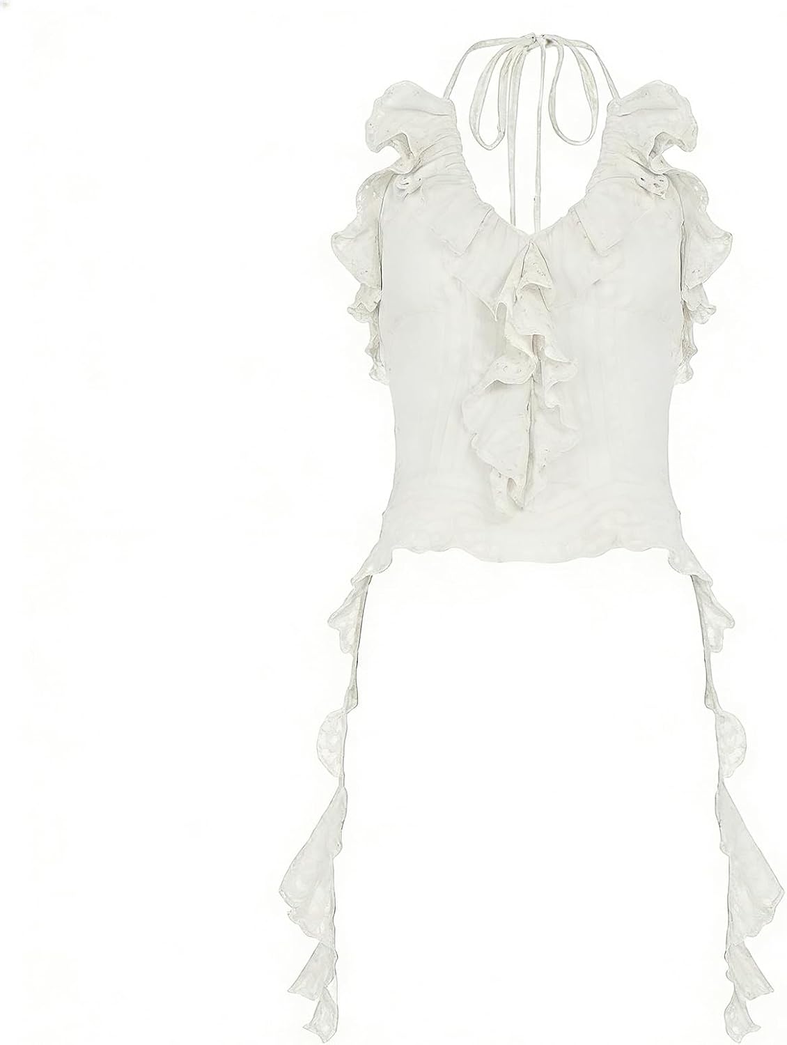 Women Crop Halter Cami Top Irregular Ruffle Edge Deep V Neck Halter Cami Top Sexy Solid Color Backless Tank Shirt - Image 3