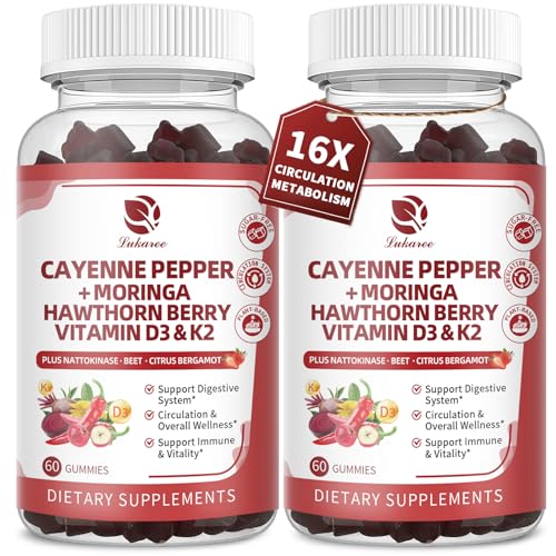 Image of (2 Pack)16 in 1 Cayenne Pepper Gummies- Sugar-Free Capsaicin Supplements Complex w /Moringa, Hawthorn, Beet Root - Plus Wormwood, Citrus Bergamot Support Circulation* & Overall Wellness* - 60 CT