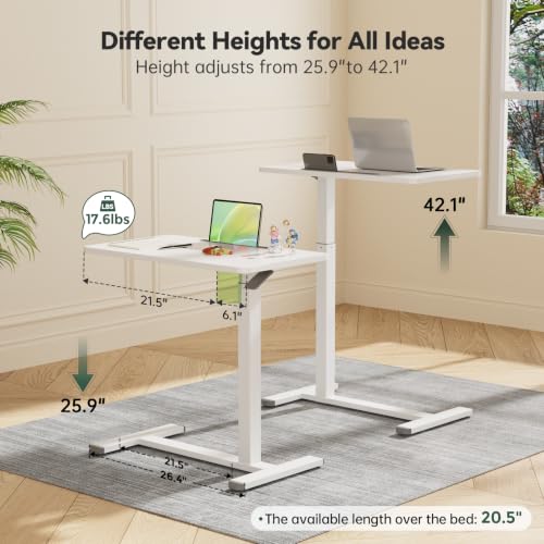 Image of Gibbon Mounts Mobile Standing Desk, Pneumatic Adjustable Rolling Desk(27.5 Inches), Portable Laptop Desk with Wheels, Overbed Bedside Table Laptop Table for Couch, Home, Office, White