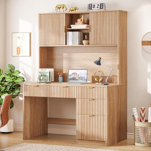Vabches 67' H Executive Desk with Fluted Drawers,4 Drawers Fluted Computer Desk,Wood Workstation with Hutch and Barn Doors for Work and Study,Oak