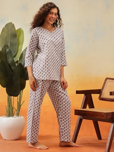Image of Clovia Women's Cotton Floral Printed Kurta Style Top & Pyjama Nightsuit Set