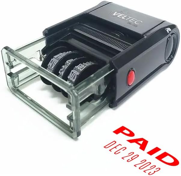 Miniatura 9 de Veltec Sello de fecha de goma autoentintado con frase y fecha (rojo, pagado)