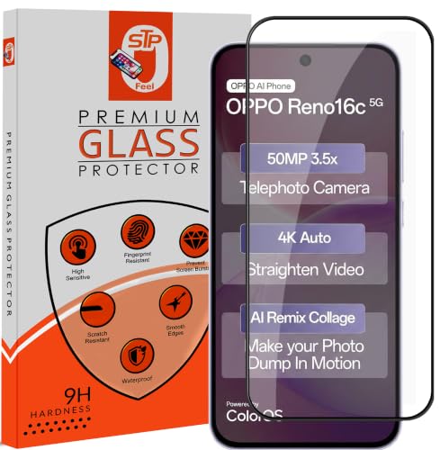 Image of STP FEEL Premium HD+ Tempered Glass Screen Protector Guard For Oppo Reno 16C 5G (6.57 Inch, Pack of 1) | Edge to Edge Coverage With Easy to installation kit for Smartphone