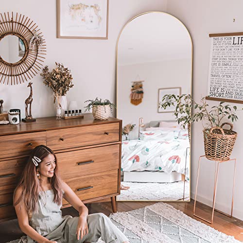 Image of NeuType 65 inchx22 inch Arched Full Length Mirror Large Arched Mirror Floor Mirror with Stand Large Bedroom Mirror Modern Arched Shape Wall Mounted Mirror Hanging or Leaning Against Wall, Wood Frame, Gold