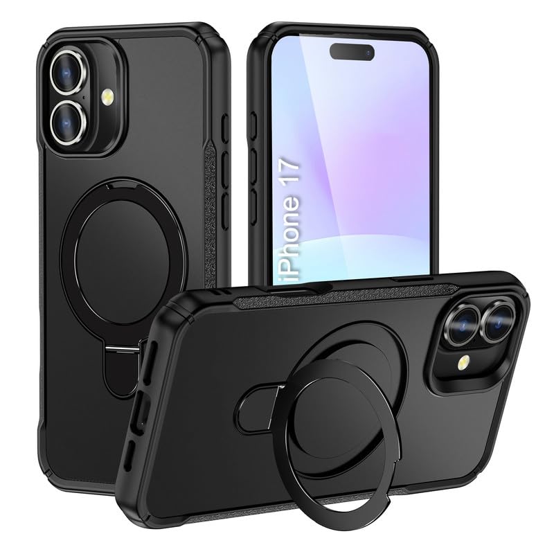 LuxuryKase Shockproof Rugged Back Cover for iPhone 17 | 90° Rotating Ring Kickstand | Mag-Safe Compatible | Wireless Charging Support | Armor Protection Case – Black