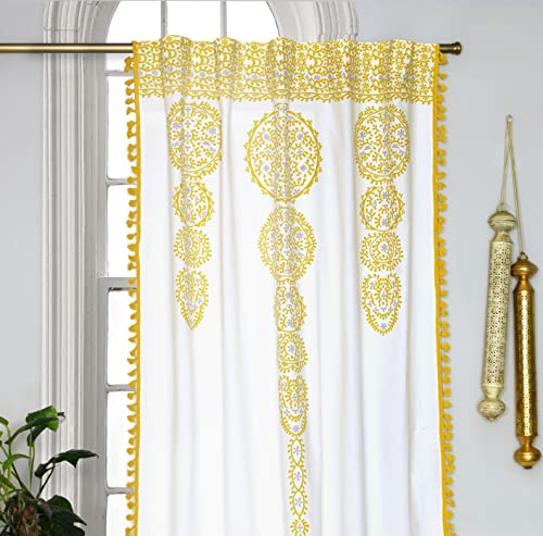 Image of Tranquebar Curtain Co. 100% Cotton, Moroccan Tasseled Geometric Print, Room Darkening Curtains for Window (with Back Tabs) - 5 Feet, Daira: Yellow, 1 Piece (Length 152 cm)