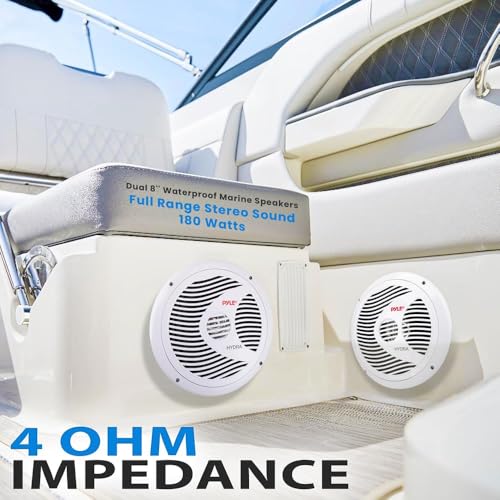 Image of Pyle Marine Speakers, Boat Speakers, Marine Speaker, 8 inch 180W Waterproof, 4 Ohm, PP Cone, Rubber Surround, 1.5 inch Voice Coil, 20 Oz Magnet, White, Includes Speaker Wire & Mounting Hardware