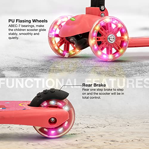 Image of Baybee Phoenix Skate Scooter for Kids, Smart 3 Wheel Kids Scooter with 3 Height Adjustable Handle, Kick Scooter with Led PU Wheels & Rear Brake, Runner Scooter for Kids 3 to 6 Years Boy Girl (Pink)