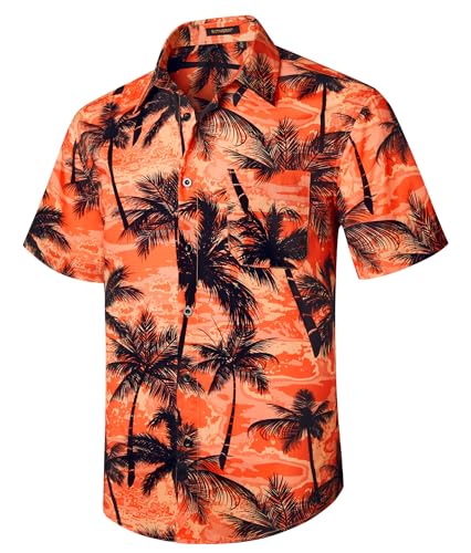 Rithern Camisa Hombre Verano Hawaiana Manga Corta Camisa Palma Hoja Camiseta Informales Fiesta Vacaciones con Bolsillo Delantero Naranja XL