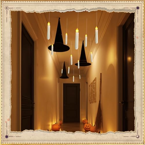 Image of Homemory Floating Candle with Wand Remote, 12 Pcs Magical Candlesticks Witch Decors, Warm Yellow Flameless Taper Candles Battery Operated, LED Window Candle for Halloween Party Decor