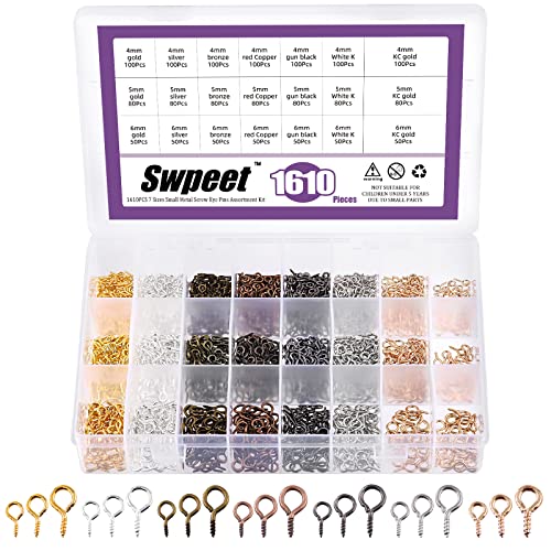 Swpeet 1610 Pcs 3 Sizes Metal Screw-in Eye Bolts & Hooks Kit, KC Gold, Silver, White Gold, Imitation gold, Bronze, Gun-black